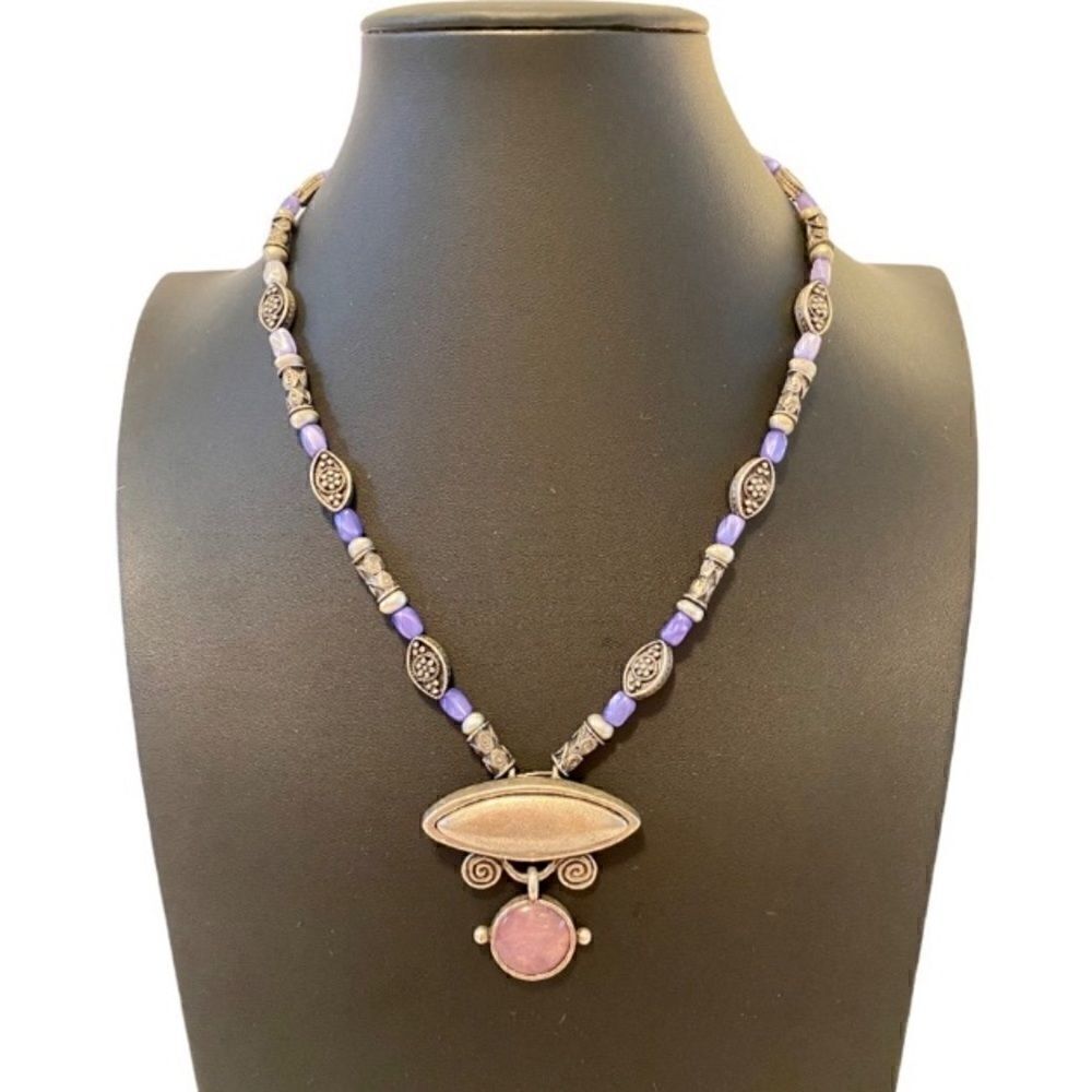 Chico’s. Boho Style Brushed Nickel & Purple Beaded Pendant Necklace.